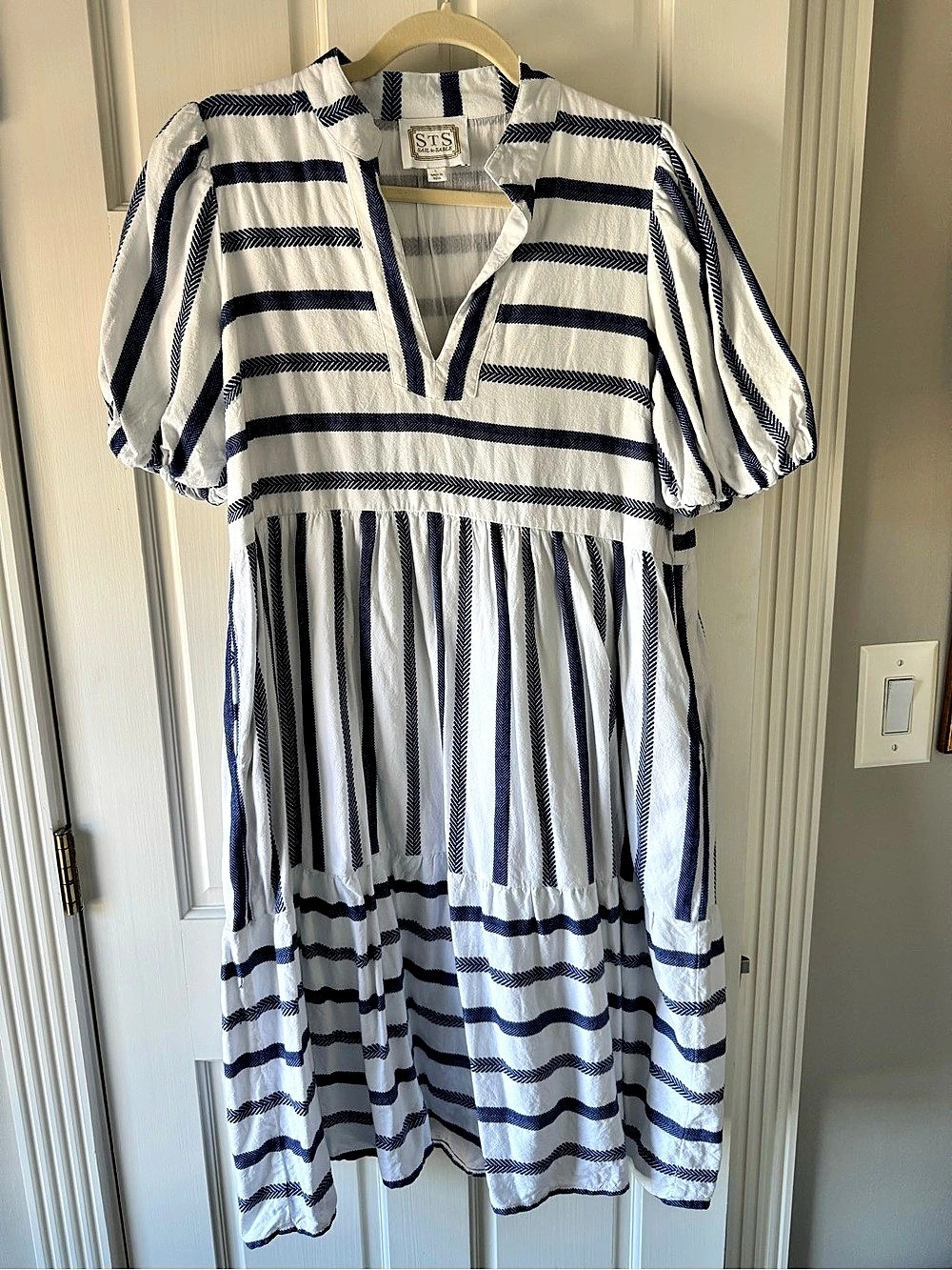 S.L.S. Striped Cotton Midi Dress in White & Blue XL